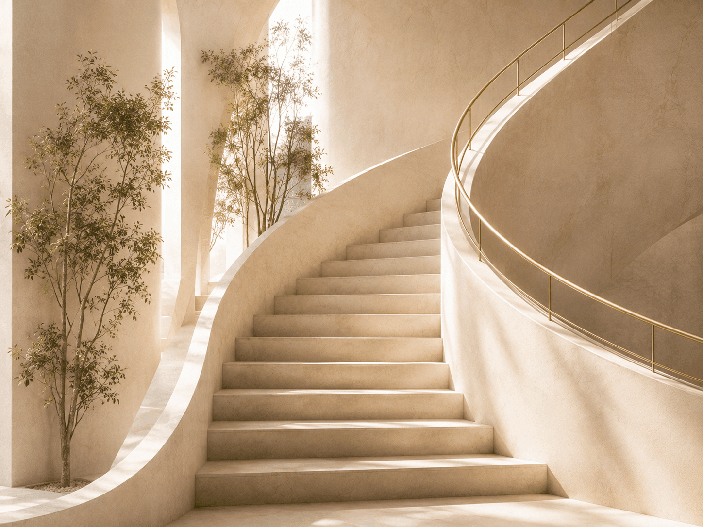 Curved architectural stairway rising through a warm interior